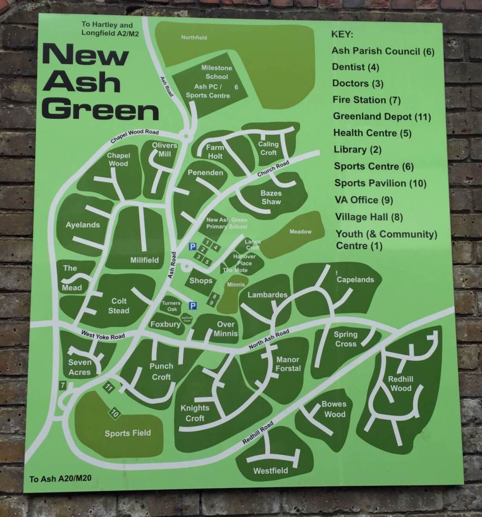 Map showing over 20 neighbourhoods with names such as Knights Croft, Redhill Wood and Olivers Mill. There's a key describing numbered amenity buildings including health centres, sports centres, village halls, a youth centre, doctors, dentists, fire stations.