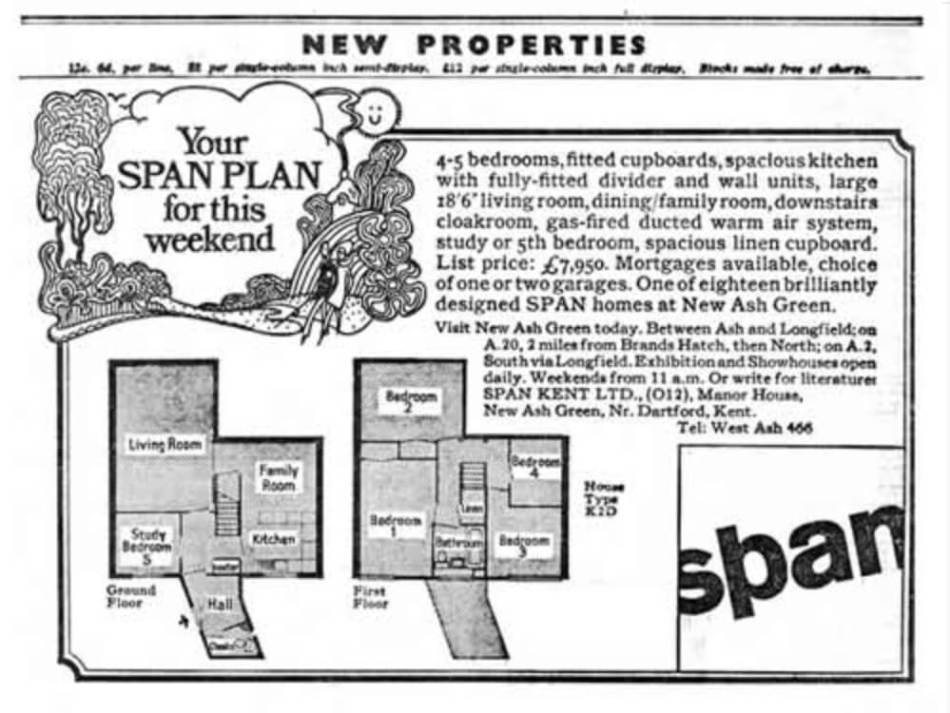 Promotion text advertises: "Your SPAN PLAN for this weekend" then lists the features of the house type K2D, including its list price of £7,950. The ad shows floor plans of the ground and first floor and includes directions to the site, weekend opening times and address to write to for literature.