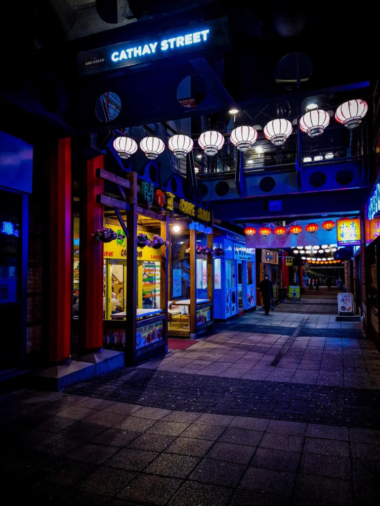A street at night, illuminated by glowing red and white lanterns. Bright neon signs in various colours hang above storefronts showcasing vibrant window displays.