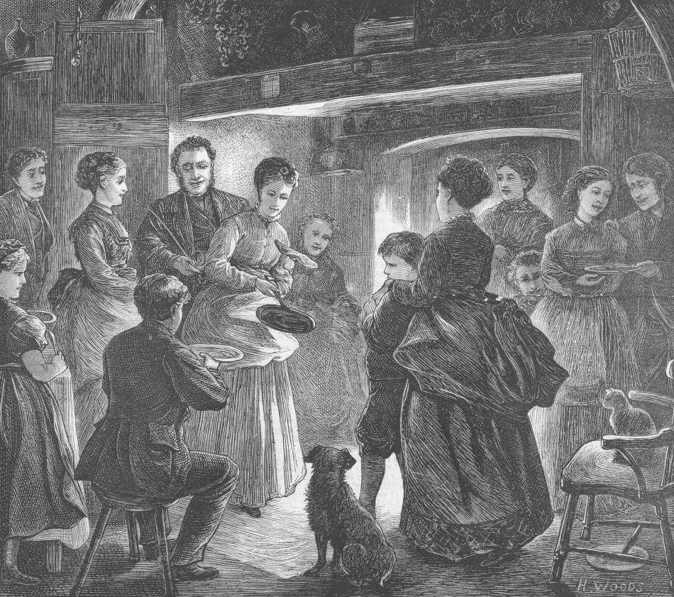 An illustration showing a large family gathered by the fireplace. A woman is holding a pan and flipping a pancake. 