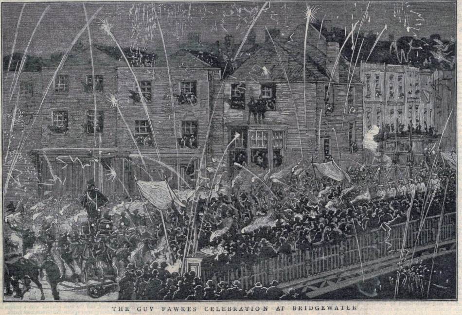 A drawn illustration of a Victorian street festival, with fireworks firing above a large crowd and domestic buildings in the background