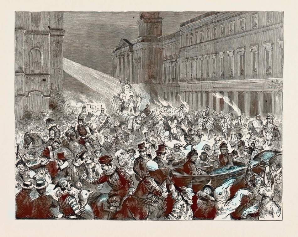 An illustration depicting a street carnival in the late 1800s with carriages and fancy dress. 