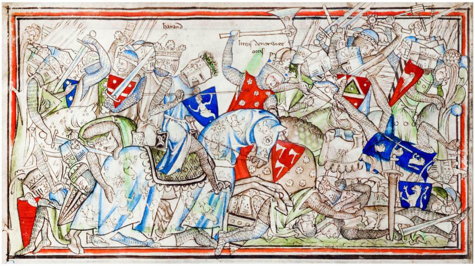 A photograph of manuscript painting showing a medieval battle. 