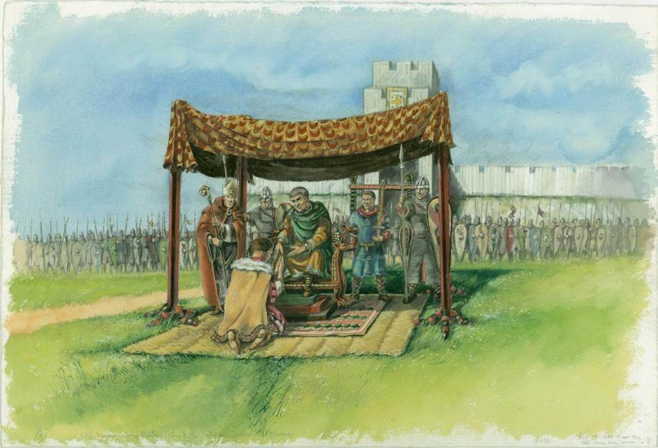 A reconstruction drawing of a man knelt in front of a King, swearing an oath. In the background is a large army. 