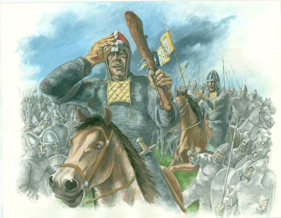 A reconstruction drawing of a leader of the army pulling his helmet up to show his face. In the background are multiple soldiers. 