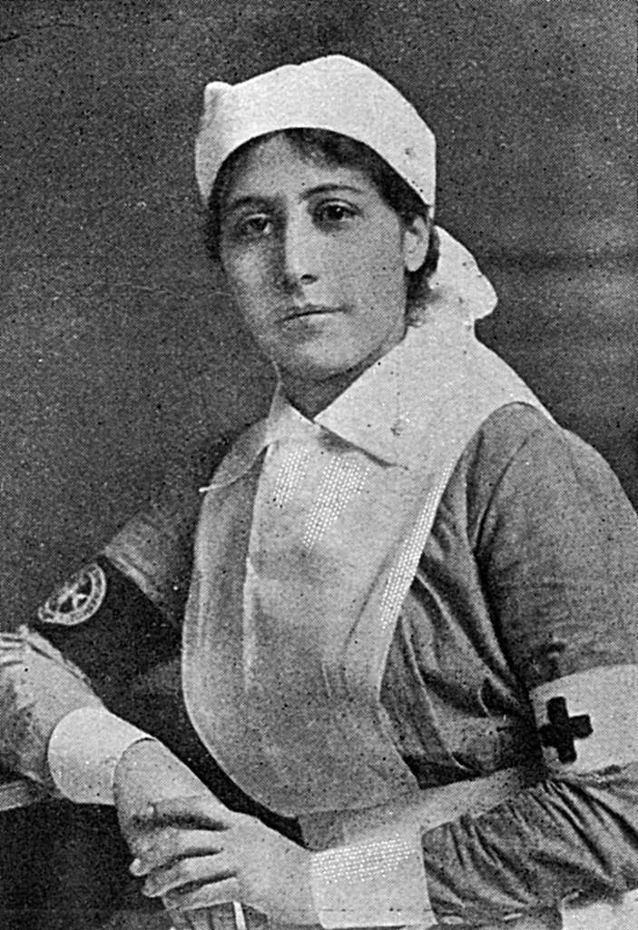 A black and white photograph of Sophia Duleep Singh in a nursing uniform.
