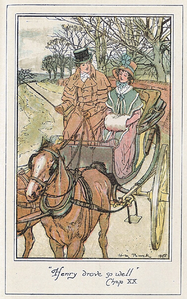 A drawing from a book depicting a young woman in an elegant, early 19th-century dress, seated in a horse-drawn carriage beside a man wearing a top hat.