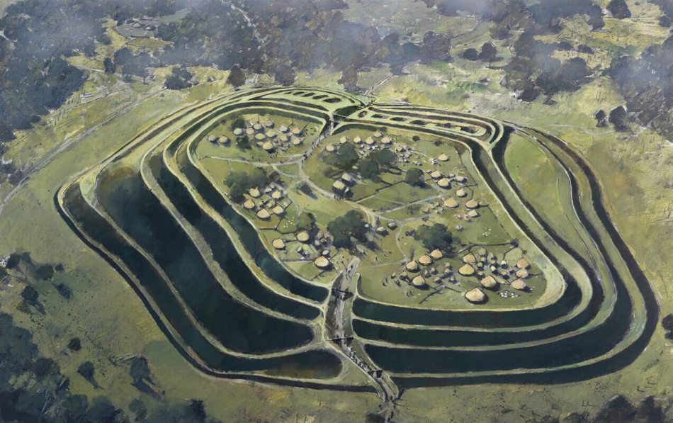 A reconstruction drawing of a prehistoric hillfort.