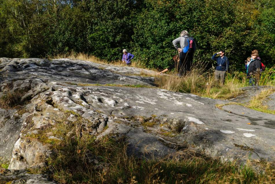 A photograph of a stone with prehistoric cup-and-ring carvings and people nearby.