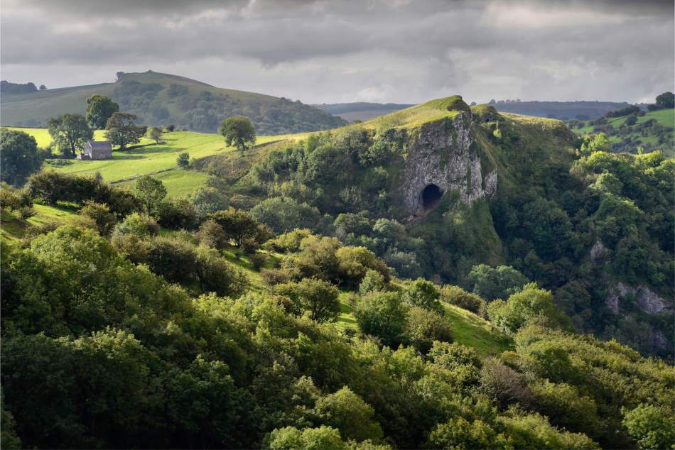 A photograph of a valley with trees and a cave visible in the distance.