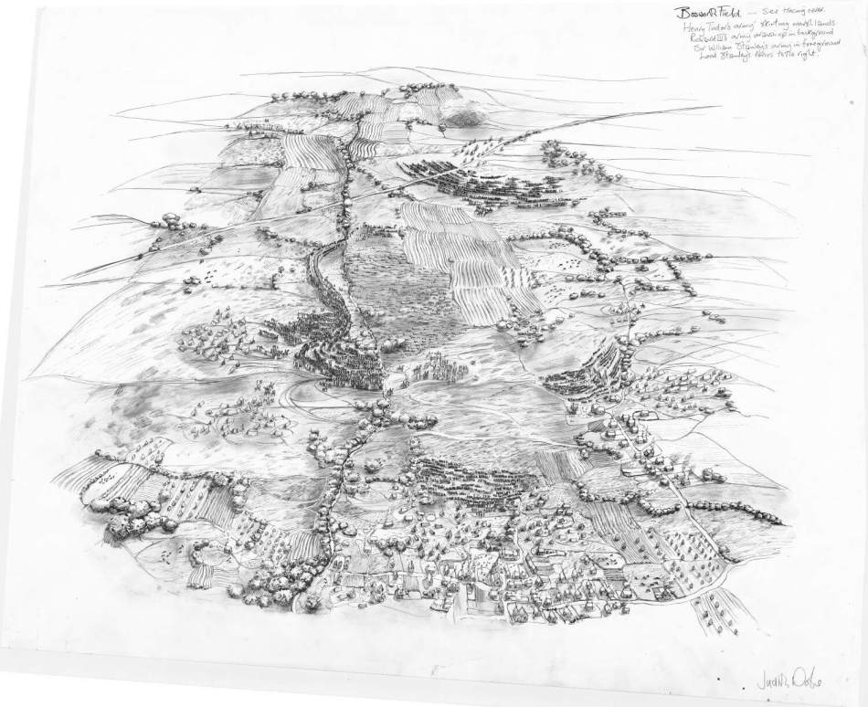 An aerial sketch of a series of large fields with opposing troops gathered in different fields ready for battle.