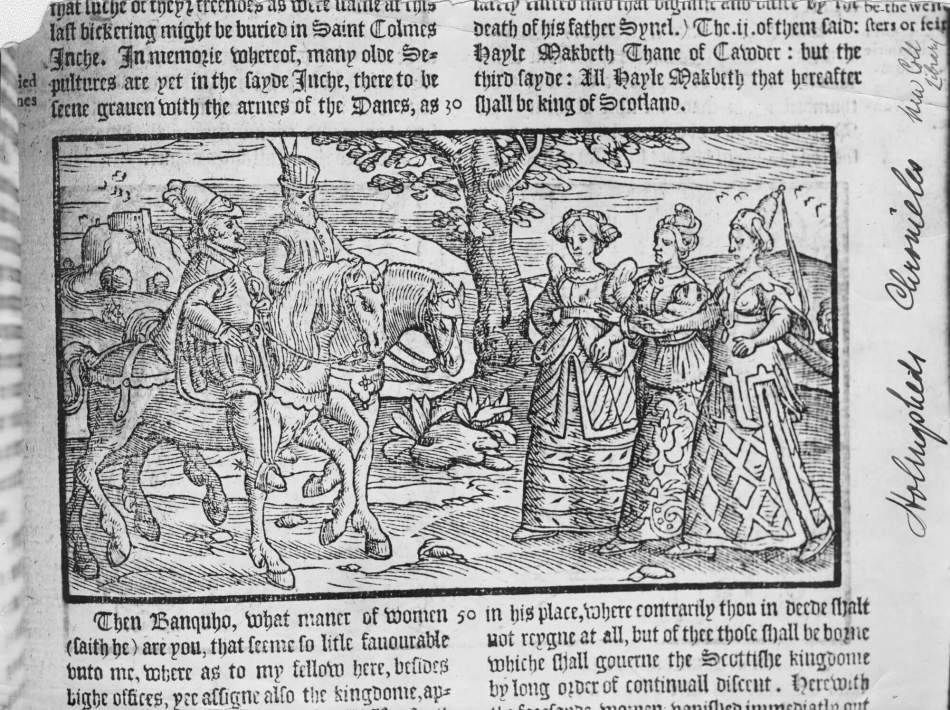 A photograph of a section of a page of a chronicle featuring an illustration of 2 men in Elizabethan dress sitting on horses, walking towards 3 women.