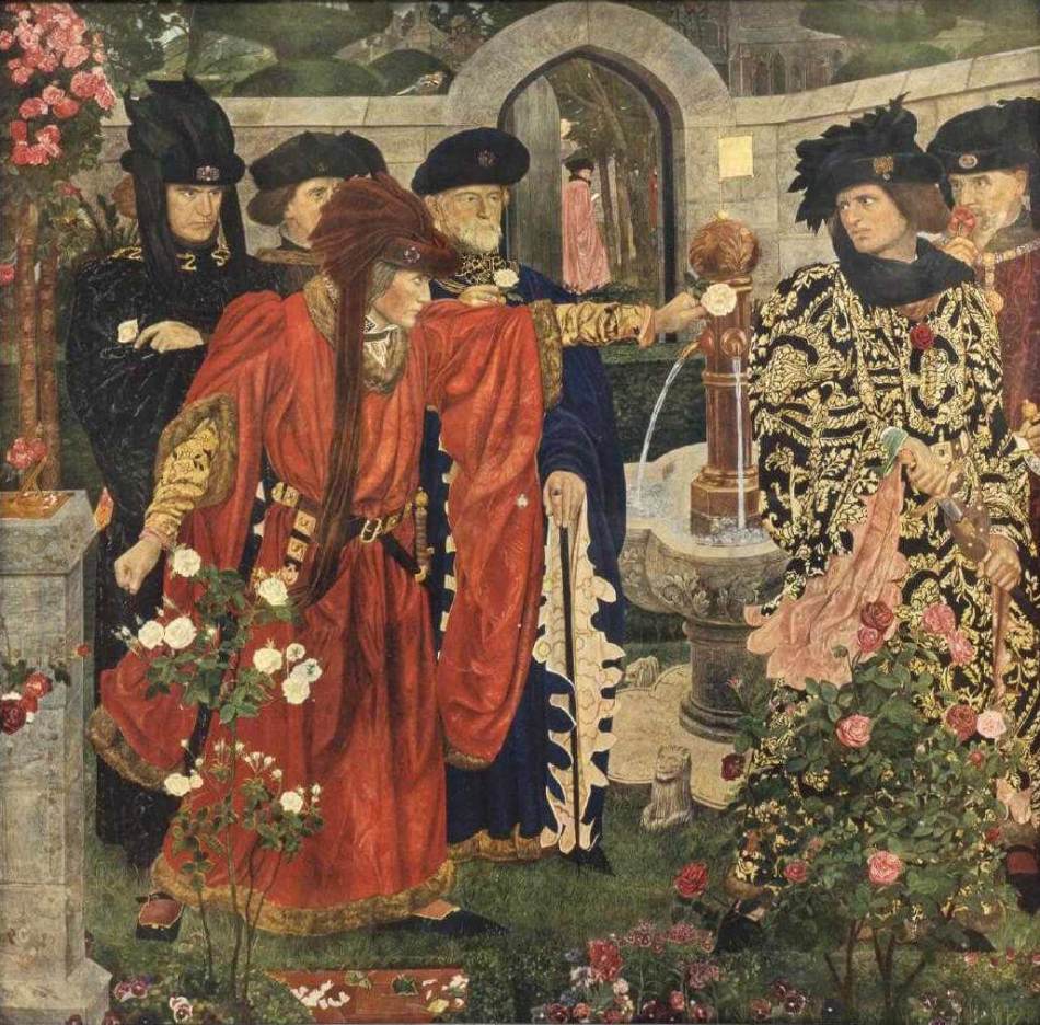 An oil painting of a nobleman in elaborate dress holding a white rose at arm's length towards another nobleman holding a sword. In front of them are 2 rose bushes of different colours.