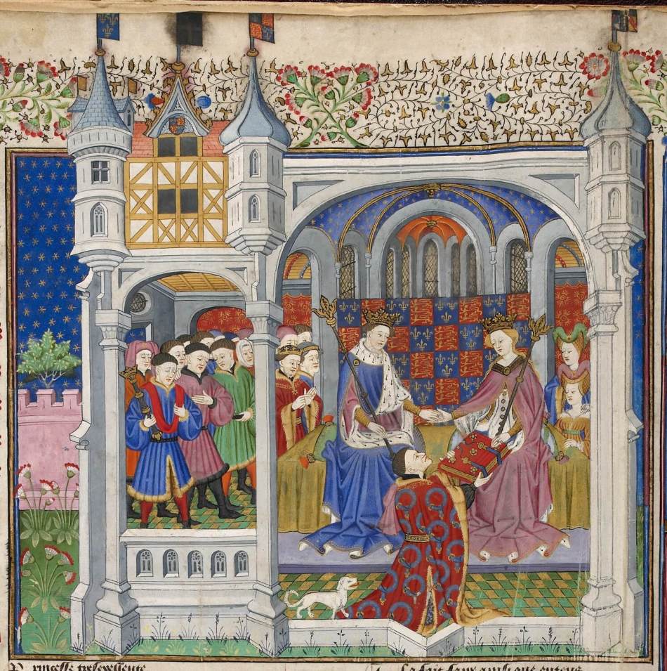 A section of a medieval manuscript showing a nobleman kneeling in front of a seated king and queen as he presents the queen with a large book. Other noblemen and women surround the monarchs while sitting under a stone structure.