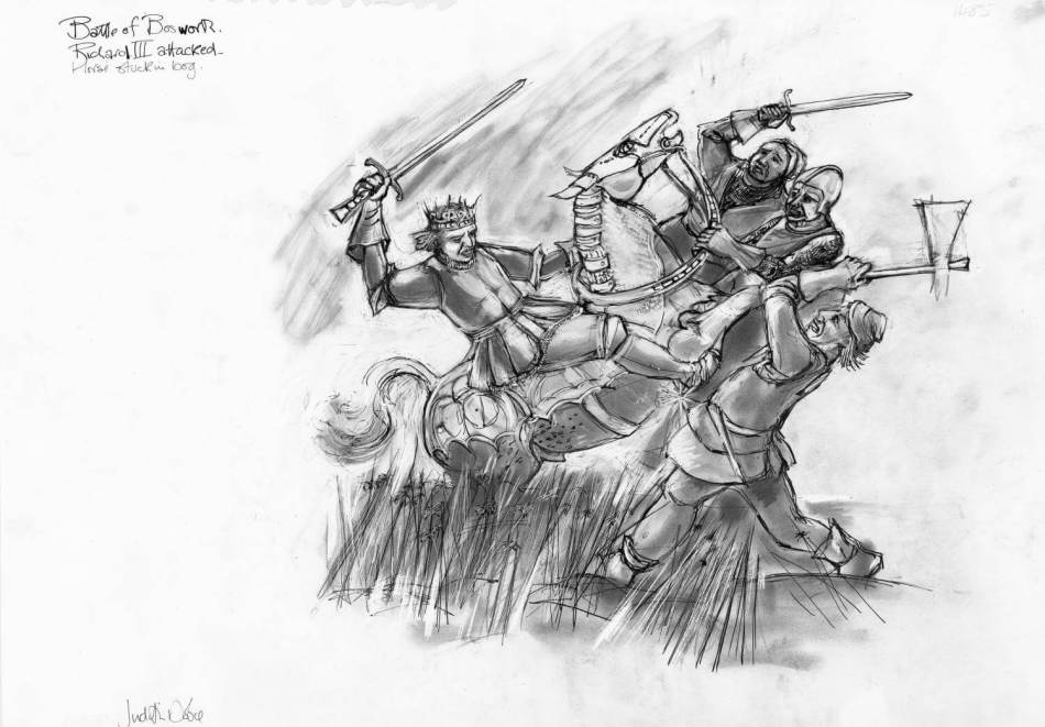 A sketch of a king on a horse swinging a sword, fighting foot soldiers wielding swords and axes.