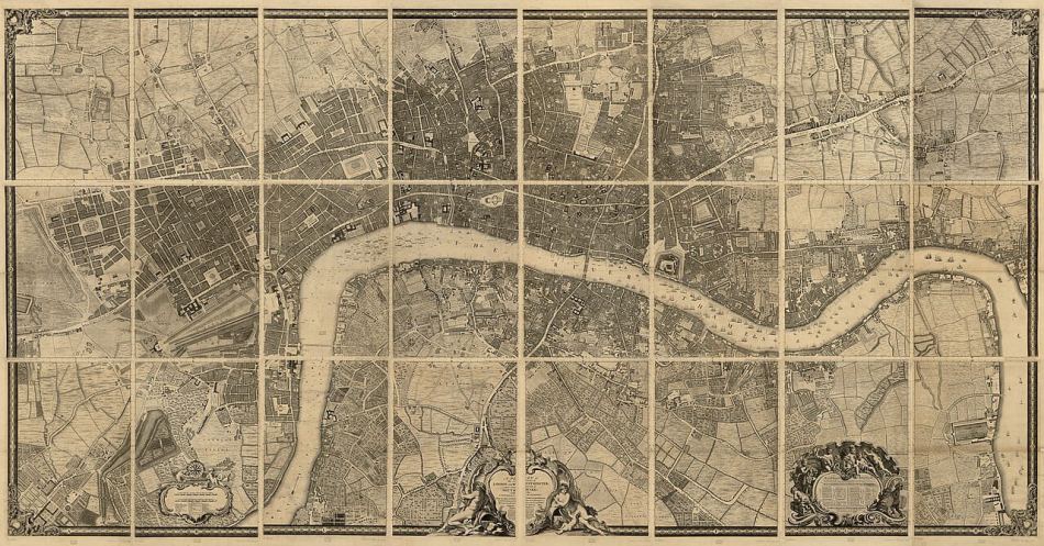 An old map of the city of London showing the River Thames flowing through the centre.