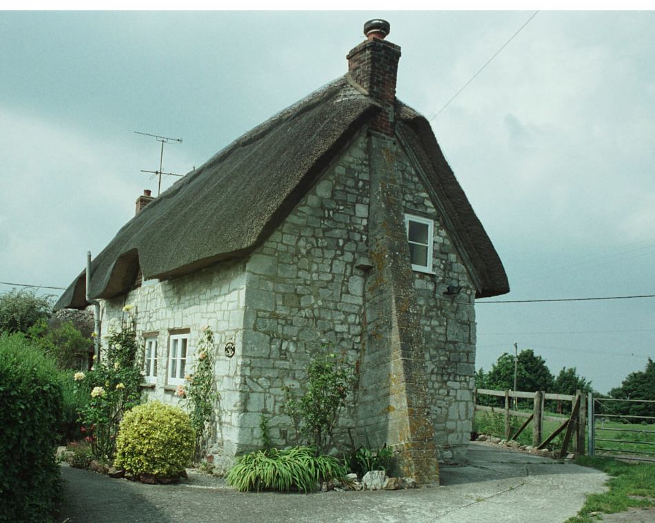 A photograph of the side of a thatched cottage surrounded by bushes and a fence.