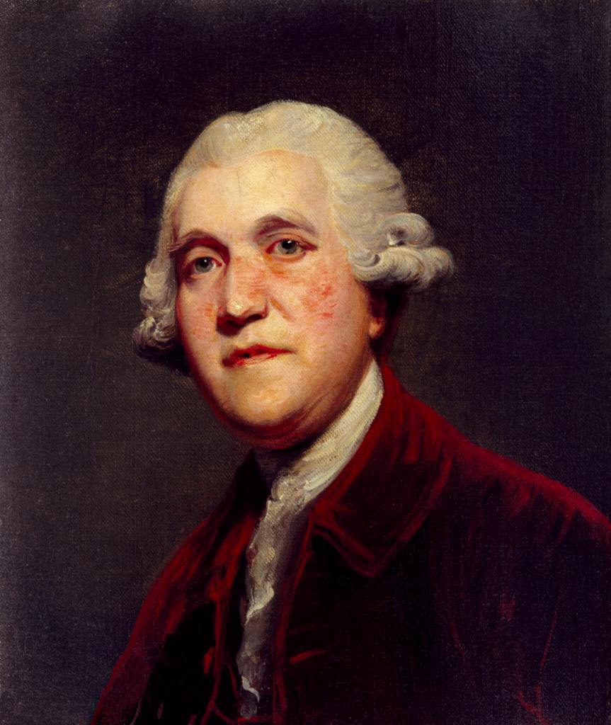 A photograph of a painting of the head and shoulders of Josiah Wedgwood wearing a dark red jacket and white curled wig.