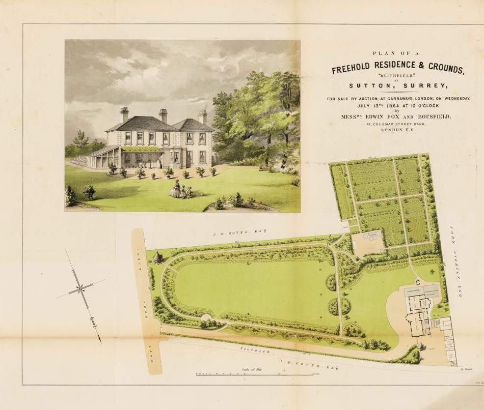 A drawing of the plans for a housing development featuring large gardens and grounds.
