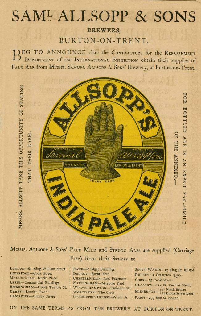 An advertising poster with a graphic logo at the centre. The primary text reads: SAML ALLSOPP & SONS / BREWERS / BURTON-ON-TRENT / BEG TO ANNOUNCE that the Contractors for the Refreshment Department of the International Exhibition obtain their supplies of Pale Ale from Messrs. Samuel Allsopp & Sons' Brewery, at Burton-on-Trent.