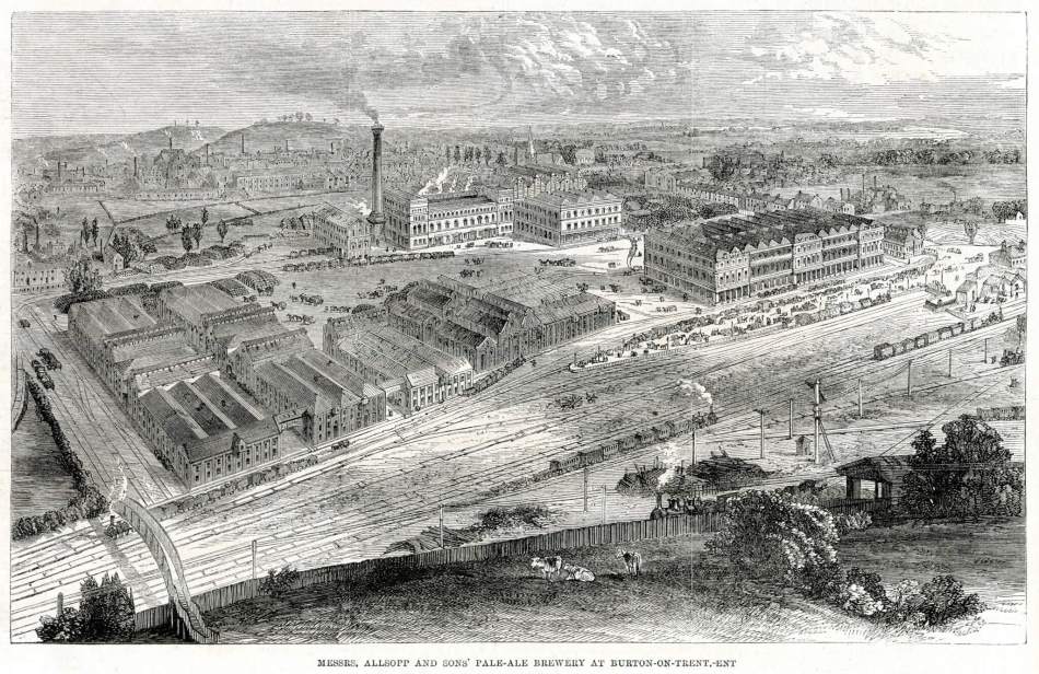An engraving of brewing factory buildings.