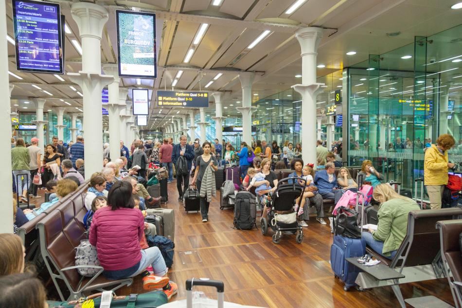 A photograph of a train departure lounge.