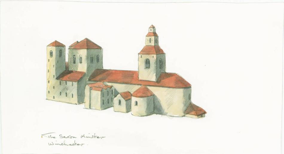 A drawing of an ecclesiastical building with a small tower.