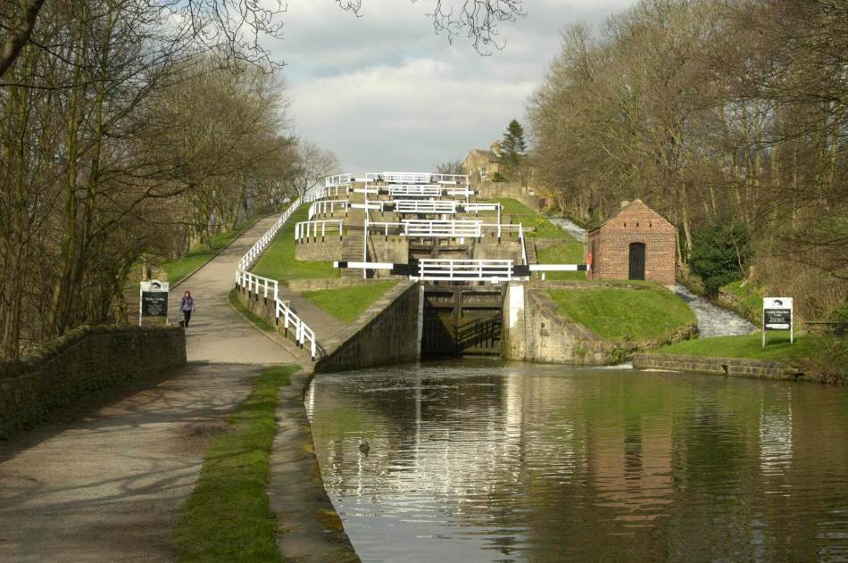 A photograph of a series of locks on a canal.