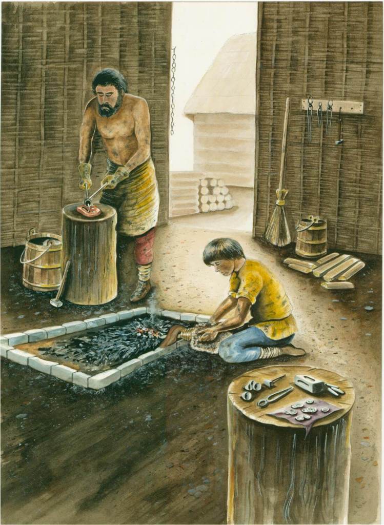An illustration depicting craftsmen at work in a 10th century metalworking shop excavated at 16-22 Coppergate in York.