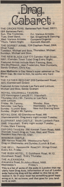 A photograph of a cutting from a newspaper with the title 'Drag Cabaret'.