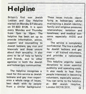 A photograph of an extract of an advert from a magazine promoting a telephone helpline.