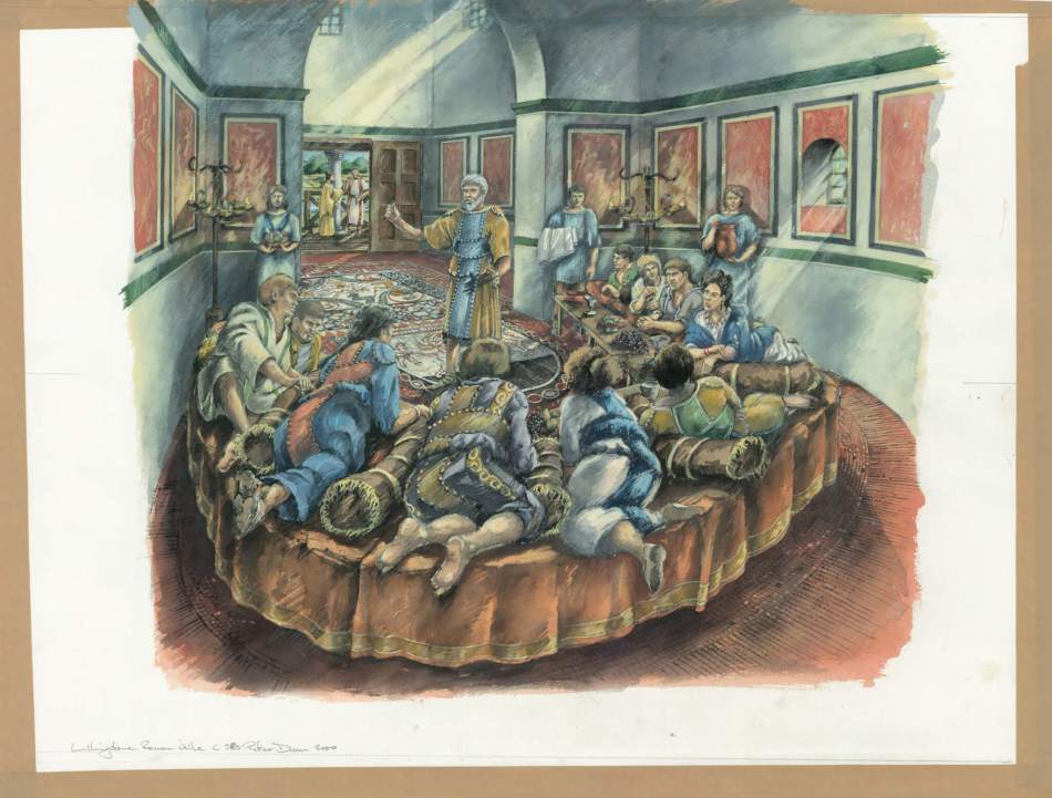 An artist's reconstruction showing  a group of men and women in late Roman clothing reclining on couches at a banquet within a villa.