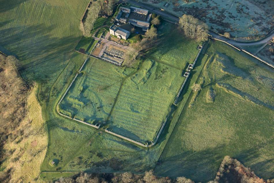 An aerial view of the remains of a fort.