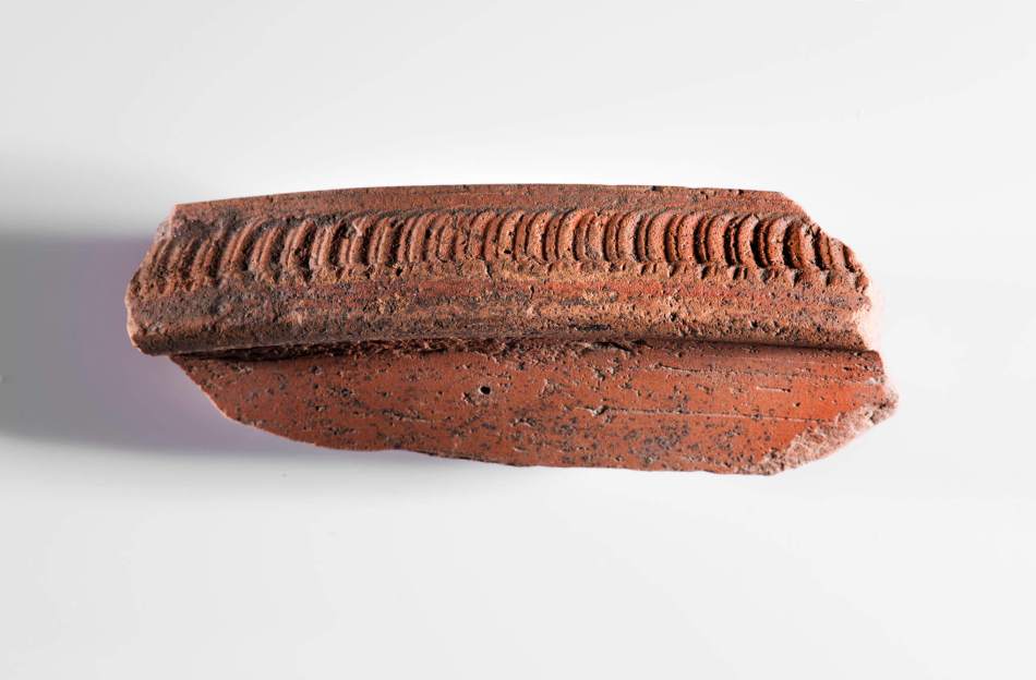 A photograph of a pottery sherd from the decorated rim of a vessel treated with a red slip.