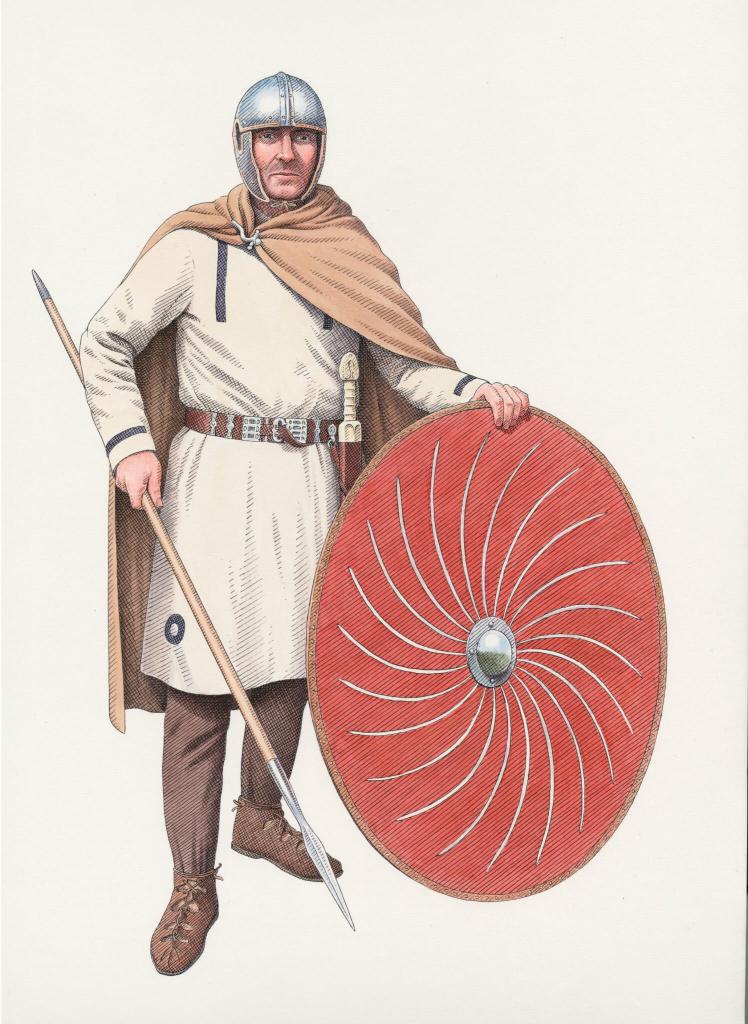 A reconstruction drawing of a late Roman soldier wearing a long tunic, a broad belt with metal fittings, trousers, cloak, a segmented helmet and a large oval shield; he is armed with a spear.