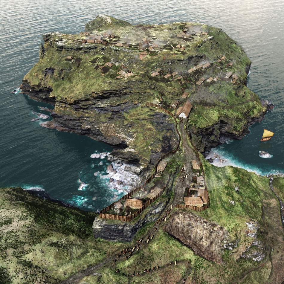 Reconstruction art showing a rocky peninsula jutting out into the sea, on which is a settlement of low thatched buildings and enclosures.