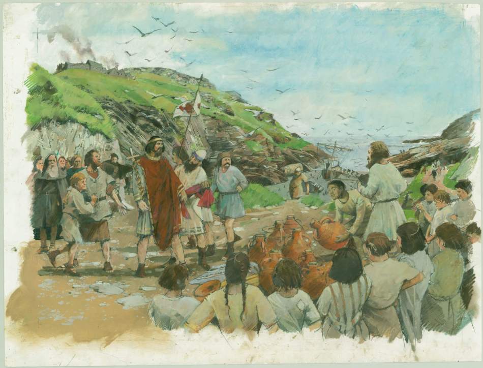 A reconstruction of a scene of traders from North Africa meeting local people on the beach at Tintagel, the traders have brought large wine jars.