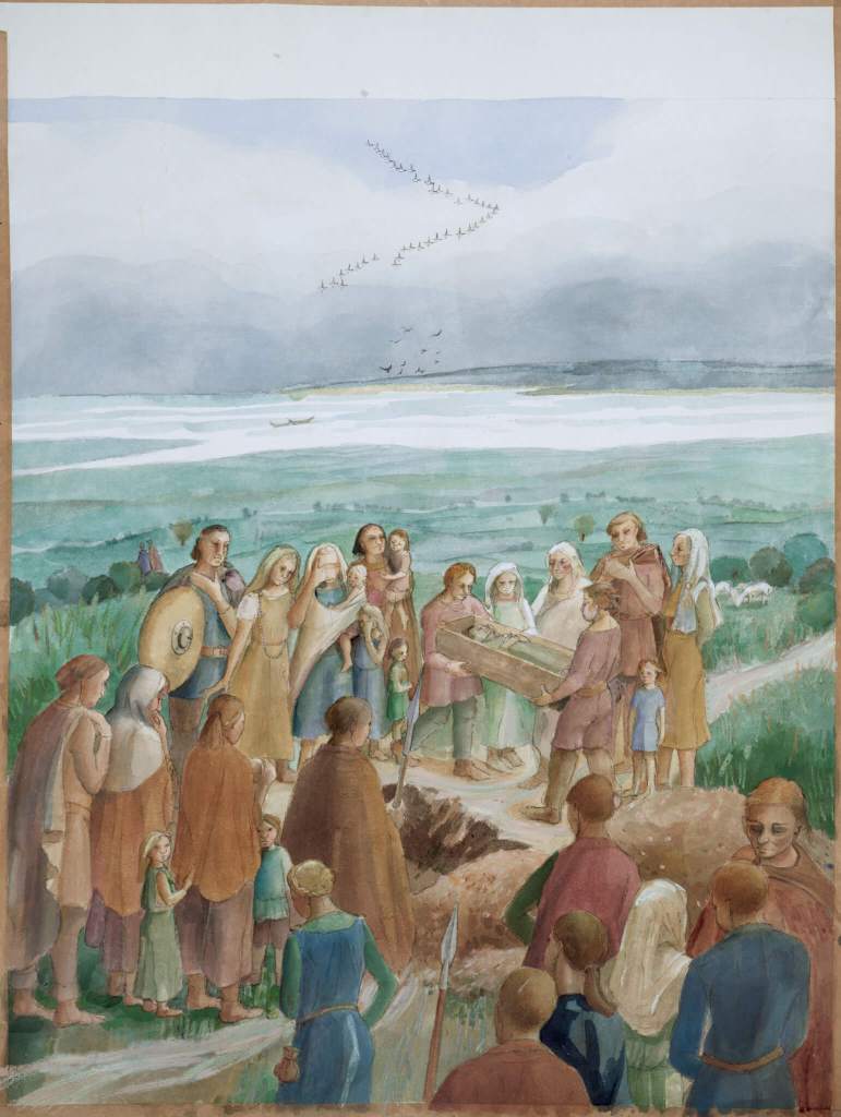 Reconstruction painting showing a 5th century pagan Saxon funeral