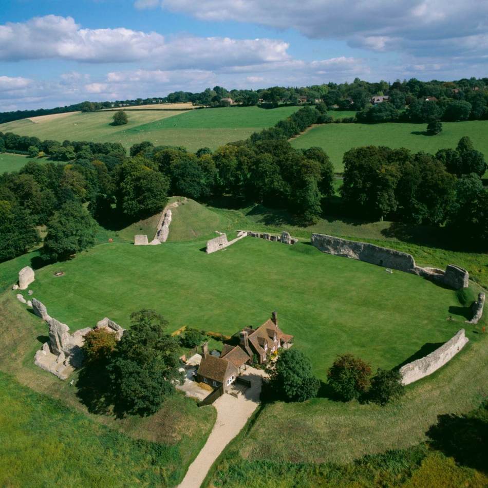 An aerial photograph of the ruins of a medieval castle.
