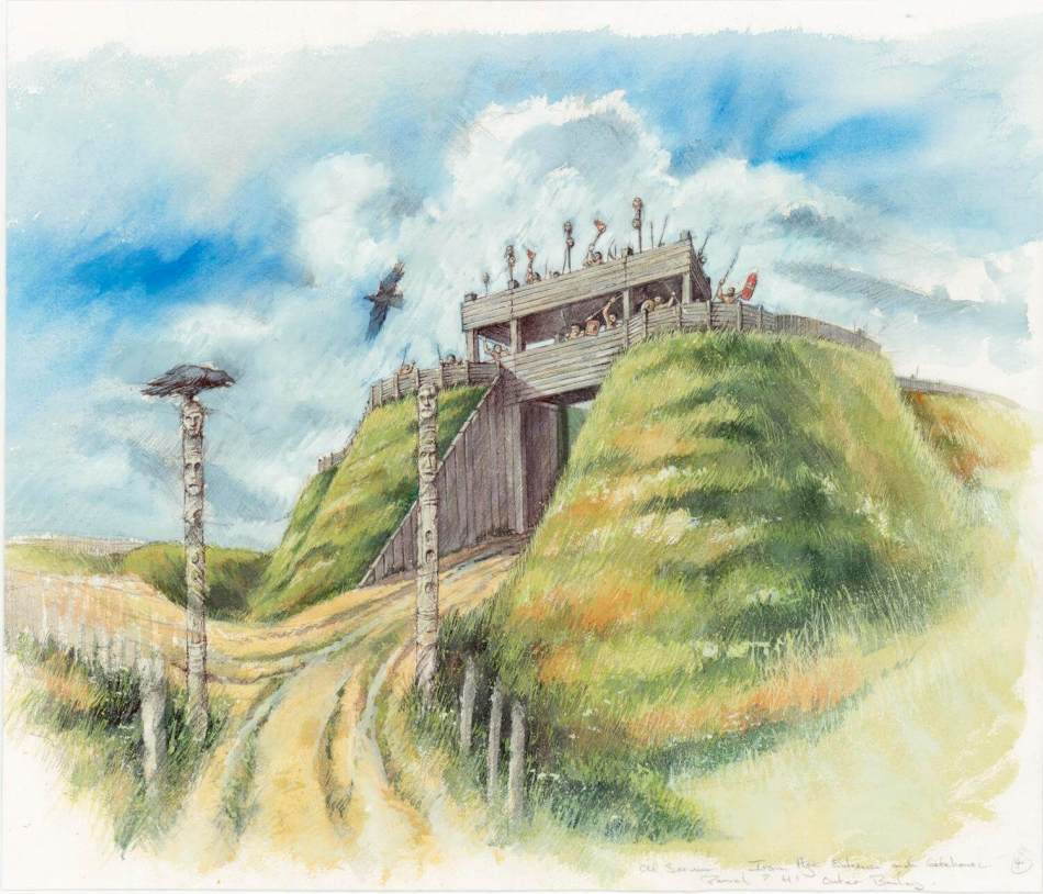 A reconstruction illustration showing a gatehouse at an Iron Age hillfort. Defenders celebrate or jeer from the gatehouse platforms, and the heads of defeated enemies have been placed on spikes.