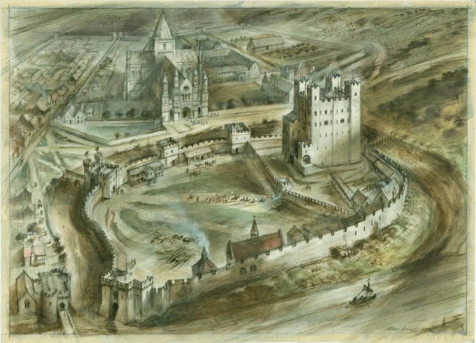 A reconstruction illustration depicting a castle as it may have appeared in the 15th-century, with a cathedral in the background.