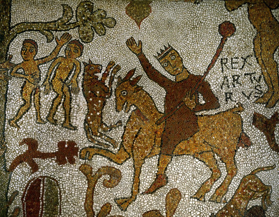 A detail from a medieval mosaic depicting a  mounted king labelled "rex Artus".