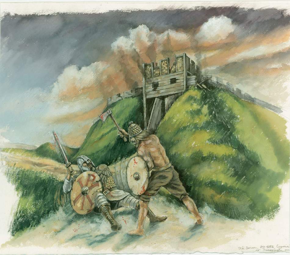 A reconstruction illustration showing a Saxon fighting a romano-british soldier by the gate of a hillfort.