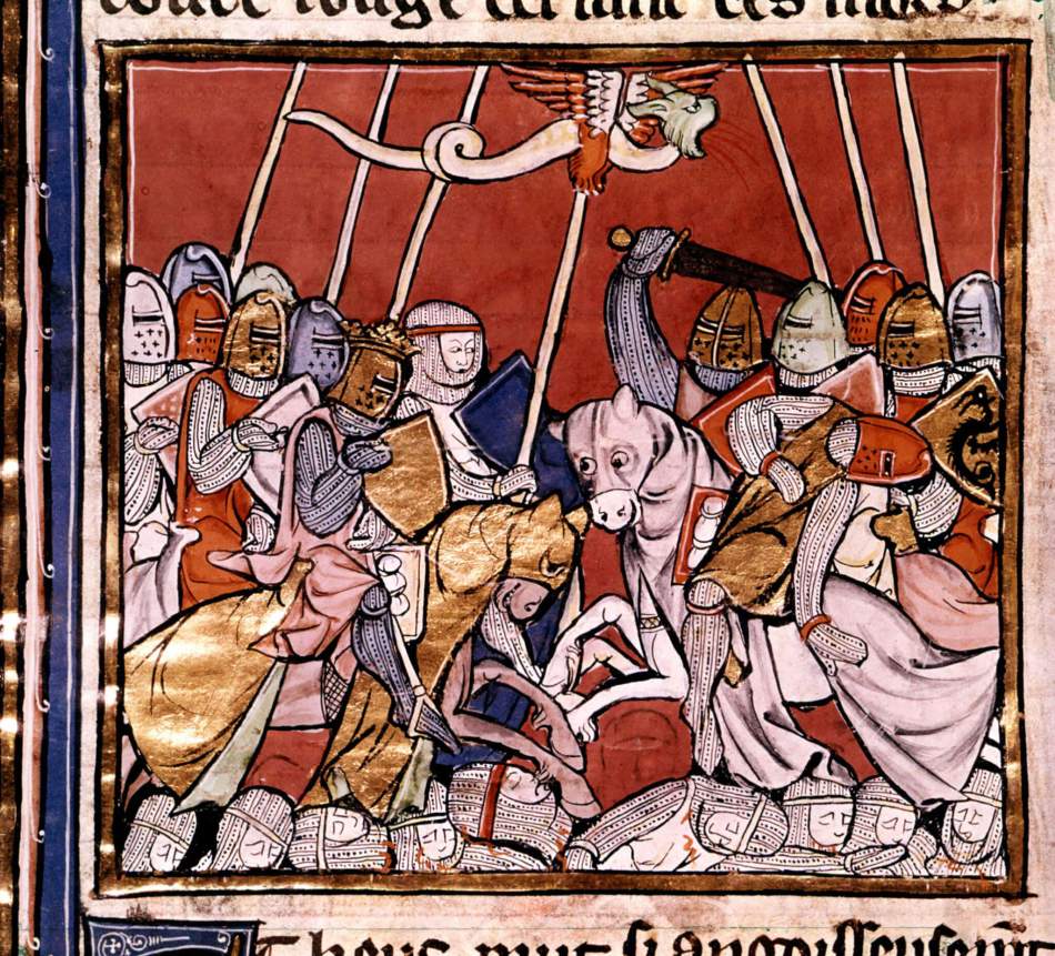 A medieval depiction two opposing forces of mounted knights in mail armour clashing, below them are the bodies of fallen soldiers.