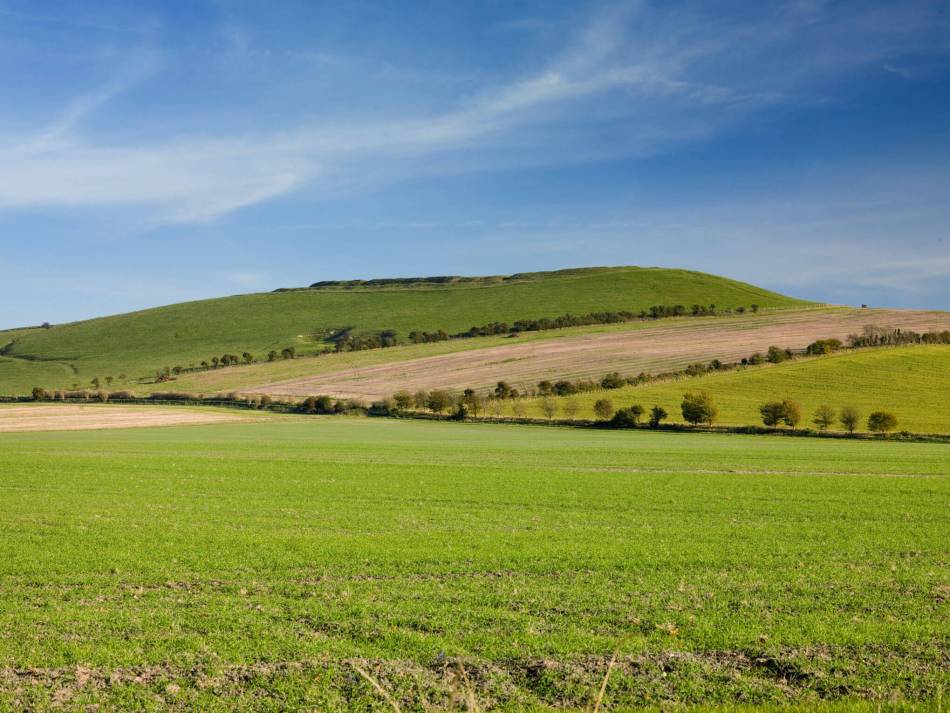 Colour photograph of a hillfort viewed across a series of fields.