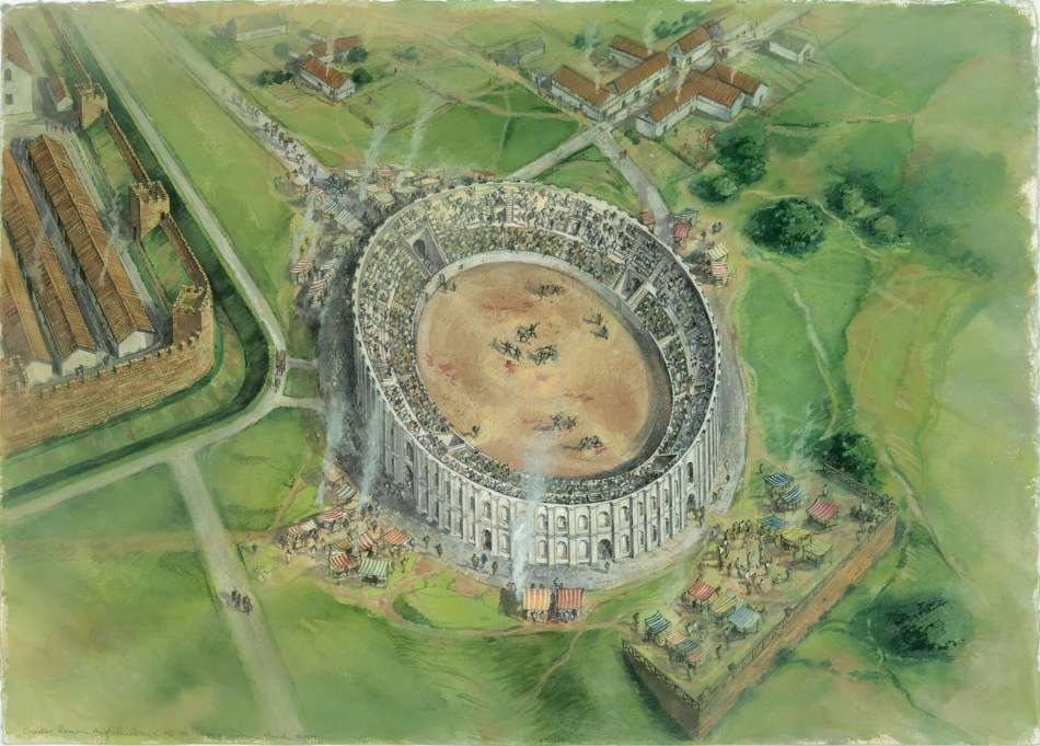 Reconstruction illustration showing the edge of a Roman town, with an amphitheatre outside the walls