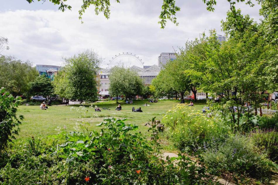 A photograph of an urban park surrounded by trees with the London Eye in the background.