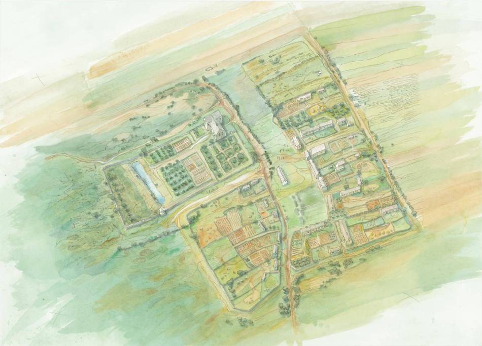 An illustration showing an aerial depiction of a village surrounded by farmland.