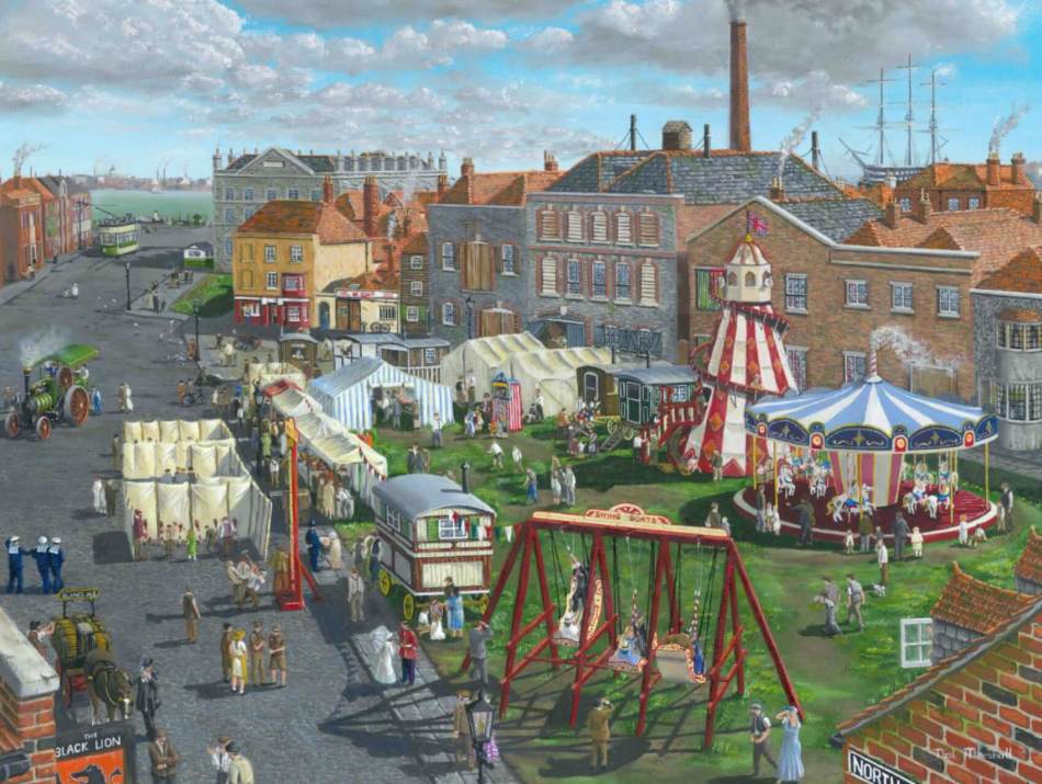 An oil painting showing a fun fair on a village green with large historic buildings and the sea in the background.