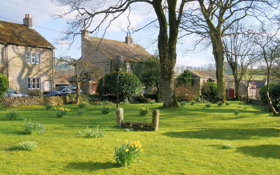 A photograph of a historic stock at the centre of a village green, with cottages in the background.